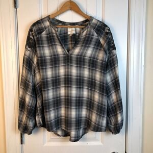 American Eagle Womens Peasant Blouse Top Plaid Medium Embroidered Cottage Grunge